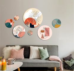 Bộ 7 Tranh Dán Tường Hình Tròn Luhau Minimalism - Trang Trí Phòng Khách, Phòng Ngủ Độc Đáo, Chất Liệu Bền Đẹp