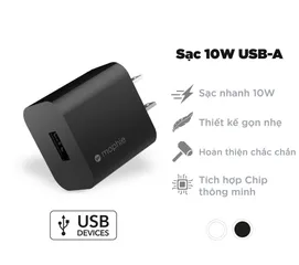 Bộ sạc Mophie 10W USB-A to Lightning cho iPhone/iPad - Sạc nhanh, tiện dụng, thay thế củ sạc Apple 5W, cáp Lightning 1M chất lượng cao