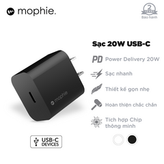 Bộ Sạc Nhanh Mophie Power Delivery 20W USB-C - Tích Hợp 1 Cổng Sạc Nhanh Cho iPhone, iPad, Thiết Bị PD Khác