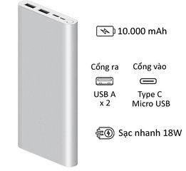 Pin Dự Phòng Sạc Nhanh XIAOMI Gen 3 Type C 18W - Thiết Kế Sang Trọng, Dung Lượng 10.000mAh, Sạc Nhanh 2 Chiều, Phụ Kiện Điện Thoại Chất Lượng