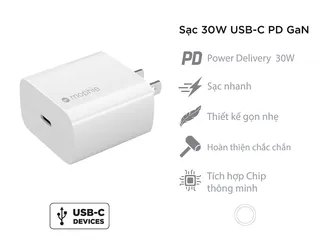 Sạc nhanh Mophie Power Delivery 30W USB-C GaN - Phụ kiện sạc cao cấp, thiết kế nhỏ gọn, tương thích iPhone 13 và các thiết bị PD khác.