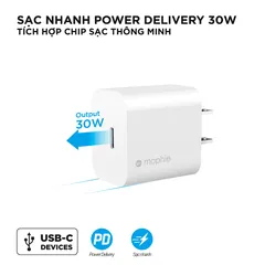 Sạc nhanh Mophie Power Delivery 30W USB-C GaN - Phụ kiện sạc cao cấp, thiết kế nhỏ gọn, tương thích iPhone 13 và các thiết bị PD khác.