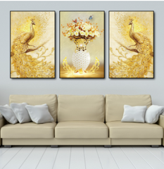 Set 3 Tranh Canvas Đôi Công Hoàng Kim - Trang Trí Tường Sang Trọng, Kích Thước Đa Dạng cho Phòng Khách và Văn Phòng