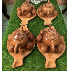 Bộ bình trà gỗ dừa hình chiếc lá độc đáo - Trang trí phòng khách phong cách cổ điển sang trọng, Set gồm 1 ấm và 6 chén uống trà.