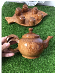 Bộ bình trà gỗ dừa hình chiếc lá độc đáo - Trang trí phòng khách phong cách cổ điển sang trọng, Set gồm 1 ấm và 6 chén uống trà.