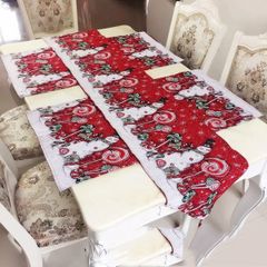 Bộ 5 tấm trải bàn ăn Giáng Sinh cao cấp với họa tiết người tuyết, bông tuyết và hoa đỏ - Trang trí tiệc Giáng Sinh ấm cúng