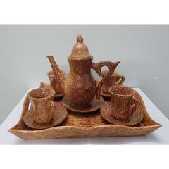 Bộ Bình Trà Cổ Cao Gỗ Dừa Bến Tre - Bộ 1 Bình, 6 Ly Nhỏ, 7 Đĩa - Đồ Trang Trí Nhà Cửa Sang Trọng và Bền Đẹp