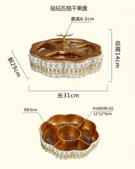 Khay Đựng Bánh Kẹo Mứt Gắn Đá Nắp Hươu Vàng Sang Trọng - Khay Trang Trí Tết Sang Chảnh, Nhiều Ngăn Tiện Dụng