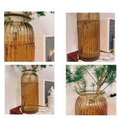 Lọ Hoa Thủy Tinh Hình Trụ Tròn Sọc Dọc Vintage - Trang Trí Nhà Cửa Sang Trọng, Đẹp Mắt 24cm x 10cm