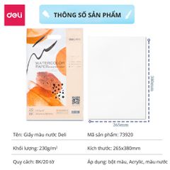 Giấy Vẽ Màu Nước Chuyên Dụng Deli 73917/73918/73920 - Độ Dày 230gsm, 20 Tờ, Phù Hợp Cho Nghệ Sĩ Mới Và Chuyên Nghiệp