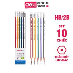 Vỉ 10 Bút Chì Gỗ Lục Giác 2B HB Kèm Đầu Tẩy Deli 33431 - Bút Vẽ Chất Lượng Cho Học Sinh và Nghệ Sĩ