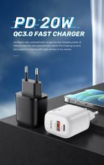 Củ Sạc Nhanh TOPK B210p 20W USB C & USB A - Sạc Đồng Thời 2 Thiết Bị, Thiết Kế Nhỏ Gọn, An Toàn và Tiện Dụng