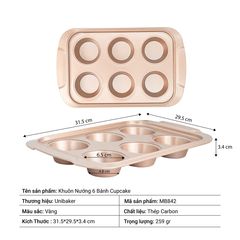 Khuôn Nướng Bánh Cupcake 6 Ô Chống Dính Unibaker MB842 - Dụng Cụ Nhà Bếp Chất Liệu Thép Carbon An Toàn, Phân Tán Nhiệt Đồng Đều