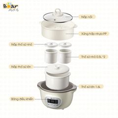 Nồi Nấu Chậm 1.6L Bear SUBE002 Kèm 3 Thố & Lồng Hấp - Thông Minh Hẹn Giờ, Nấu Cháo, Hấp Tiện Lợi Cho Bé