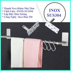 Thanh treo khăn Inox SUS304 dán tường 2 chấu TT55 - Thiết bị phòng tắm, nhà bếp, chịu lực đến 3kg, chất liệu bền đẹp