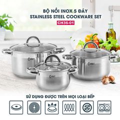 Bộ 3 Nồi Inox 5 Đáy Comet CH36-01 - Chất Liệu Inox 304 Cao Cấp, Thiết Kế Hiện Đại, Dung Tích 1.5L, 3.0L, 5.0L, Bảo Hành Chất Lượng