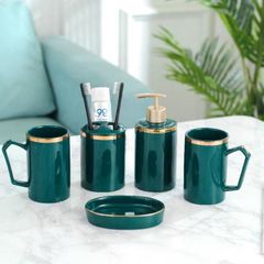 Bộ Đồ Dùng Nhà Tắm Bằng Sứ Xanh Viền Vàng - Bộ 6 Chi Tiết Sang Trọng Cho Phòng Tắm Thanh Lịch, Thiết Kế Thông Minh