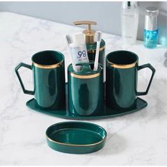 Bộ Đồ Dùng Nhà Tắm Bằng Sứ Xanh Viền Vàng - Bộ 6 Chi Tiết Sang Trọng Cho Phòng Tắm Thanh Lịch, Thiết Kế Thông Minh