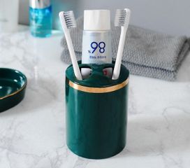 Bộ Đồ Dùng Nhà Tắm Bằng Sứ Xanh Viền Vàng - Bộ 6 Chi Tiết Sang Trọng Cho Phòng Tắm Thanh Lịch, Thiết Kế Thông Minh