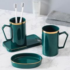 Bộ Đồ Dùng Nhà Tắm Bằng Sứ Xanh Viền Vàng - Bộ 6 Chi Tiết Sang Trọng Cho Phòng Tắm Thanh Lịch, Thiết Kế Thông Minh