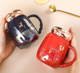 Cốc Sứ Vân Mây Có Nắp Vàng Hồng Ánh Kim - Trang Trí Bàn Học & Quà Tặng Độc Đáo, Dung Tích 380ml