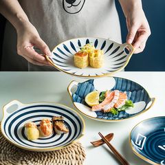 Đĩa sứ thuyền Nhật Bản phong cách Retro - Sứ xương cao cấp, miệng viền vàng kim trang trí, 4 x 23.5cm, phù hợp với lò vi sóng và máy rửa bát