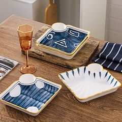 Đĩa Sứ Vuông Retro Có Ngăn Đựng Gia Vị - Thiết Kế Vintage Sang Trọng, Chất Liệu Sứ Xương Cao Cấp
