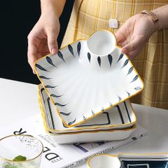 Đĩa Sứ Vuông Retro Có Ngăn Đựng Gia Vị - Thiết Kế Vintage Sang Trọng, Chất Liệu Sứ Xương Cao Cấp