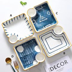 Đĩa Sứ Vuông Retro Có Ngăn Đựng Gia Vị - Thiết Kế Vintage Sang Trọng, Chất Liệu Sứ Xương Cao Cấp