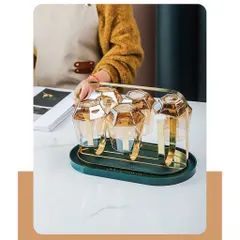 Giá Úp Cốc Kim Loại Hình Bầu Dục Kèm Khay Hứng Nước - Thiết Kế Nhỏ Gọn, Chống Hoen Gỉ, Màu Xanh Vàng, Dụng Cụ Nhà Bếp Thông Minh