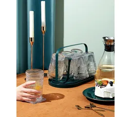 Giá Úp Cốc Kim Loại Hình Bầu Dục Kèm Khay Hứng Nước - Thiết Kế Nhỏ Gọn, Chống Hoen Gỉ, Màu Xanh Vàng, Dụng Cụ Nhà Bếp Thông Minh