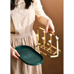 Giá Úp Cốc Kim Loại Hình Bầu Dục Kèm Khay Hứng Nước - Thiết Kế Nhỏ Gọn, Chống Hoen Gỉ, Màu Xanh Vàng, Dụng Cụ Nhà Bếp Thông Minh