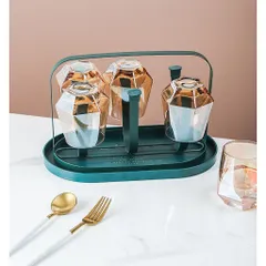 Giá Úp Cốc Kim Loại Hình Bầu Dục Kèm Khay Hứng Nước - Thiết Kế Nhỏ Gọn, Chống Hoen Gỉ, Màu Xanh Vàng, Dụng Cụ Nhà Bếp Thông Minh