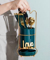Ống Đựng Đũa Sứ Khung Inox Hình Love - Tiện Ích Bếp Sang Trọng Màu Xanh Mint, Xanh, Trắng - Đồ Gia Dụng Nhà Bếp Cao Cấp