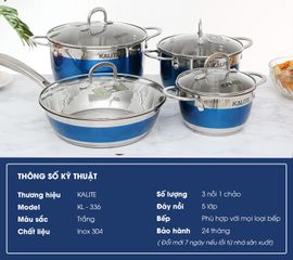 Bộ nồi chảo inox Kalite KL-336 5 đáy - Dùng cho bếp từ, chống nóng, tiết kiệm năng lượng, chất liệu cao cấp, bộ 4 món nấu ăn tiện lợi.