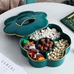 Khay Đựng Bánh Kẹo Gốm Sứ Hình Hoa 6 Cánh Cao Cấp - 4 Ngăn Bảo Quản Mứt và Bánh Thơm Ngon, Trang Trí Nhà Cửa