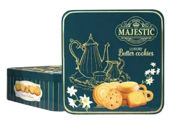 Bánh quy bơ Majestic Butter Cookies Luxury bình trà Gold hộp thiếc