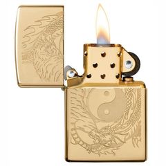 Bật Lửa Zippo 49024 Hổ Và Rồng - Thiết Kế Sang Trọng Màu Vàng Khắc Âm Dương, Quà Tặng Thú Vị Cho Fan Hâm Mộ