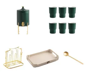 Bộ Ấm Chén Sứ Xanh Vân Kẻ Cao Cấp - Bộ Có Thìa và Giá Úp Sang Trọng Cho Nội Thất và Quà Tặng