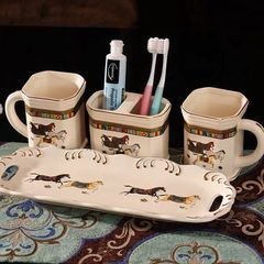 Bộ cốc đánh răng gốm sứ họa tiết ngựa cao cấp - Set 2 cốc, 1 ống đựng và khay sang trọng cho phòng tắm hiện đại
