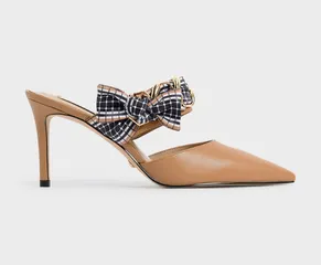 Giày cao gót Charles & Keith Printed Fabric Bow Leather Mules SL1-60280382 Caramel