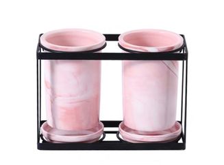 Set ống đựng đũa sứ hồng cao cấp kèm kệ gỗ và khay hứng nước - Dụng cụ nhà bếp đẹp mắt, sang trọng