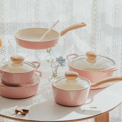 Bộ 5 Nồi Chảo Cảm Ứng Màu Hồng Retro Baby Pink IH Neoflam - Bộ Đồ Dùng Bếp Thời Trang Cho Gia Đình Hện Đại