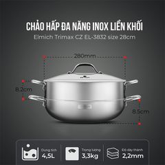Chảo Hấp Inox Elmich Trimax CZ EL-3832 28cm - Đa Năng, Bắt Từ Tốt, Hấp Nhanh Xôi, Gà, Rau Củ, Tiện Lợi Hàng Ngày
