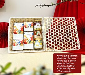 Hộp quà Tết Mứt Hoa Quả Saffron, Trà Hoa Cúc và Táo Đỏ Mộc Hương Sơn - Quà Biếu Bổ Dưỡng Tốt Cho Sức Khỏe
