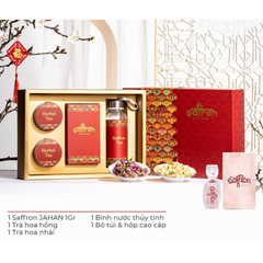 Hộp quà Tết Saffron Jahan 1gr Sang Trọng + 2 Loại Trà Hoa Hồng & Nhài - Món Quà Biếu Tết Ý Nghĩa Chất Lượng
