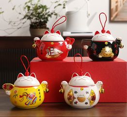 Hũ đựng trà hạt mứt bằng sứ hình mèo Thần Tài - Bình trà may mắn phong thủy trang trí bàn uống nước - Quà Tết độc đáo