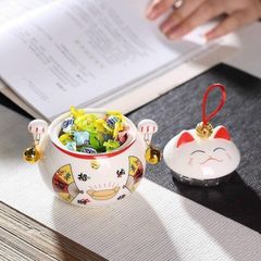 Hũ đựng trà hạt mứt bằng sứ hình mèo Thần Tài - Bình trà may mắn phong thủy trang trí bàn uống nước - Quà Tết độc đáo