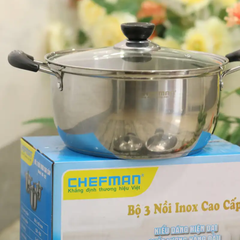 Bộ 3 nồi inox cao cấp Chefman CM-922 - Chất liệu bền đẹp, sáng bóng, kích cỡ 18-22-24cm cho mọi nhu cầu nấu nướng gia đình