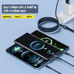 Cáp Sạc Nhanh 3 Đầu Bọc Dù Type C, Lightning, Micro USB 1.2m - Sạc Tối Đa 60W, Tiện Lợi Cho Tất Cả Thiết Bị Điện Thoại